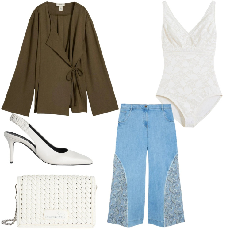 Outfit donna - Aprile. Stile Boho per Tutti i giorni. Abbinamento con décolleté, body, bluse, pantaloni, borse a tracolla.