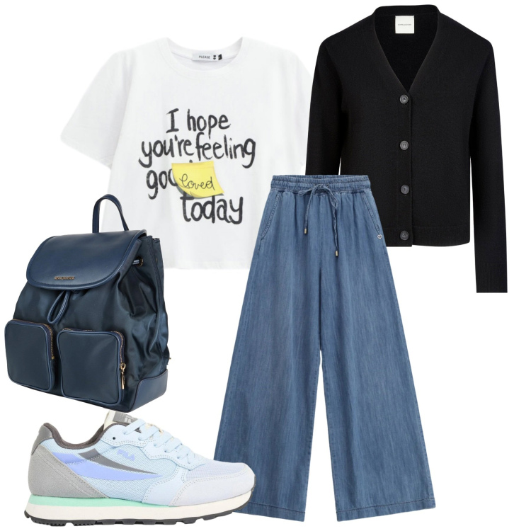 Outfit donna - Godiamoci aprile. Stile Sporty chic per Tutti i giorni. Abbinamento con zaini, sneakers, t-shirt, jeans, cardigans.