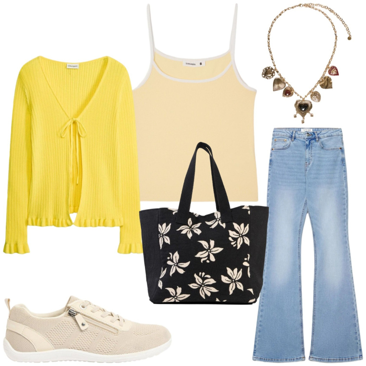Outfit donna - Casual di primavera. Stile Casual per Tutti i giorni. Abbinamento con cardigans, shopping bag, sneakers, jeans a zampa, canottiere, collane.