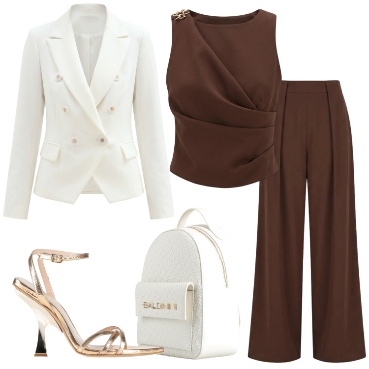 Outfit donna - La cerimonia Rinascimento. Stile Chic per Cerimonia. Abbinamento con sandali in pelle, zaini, top, blazer, pantaloni a palazzo.
