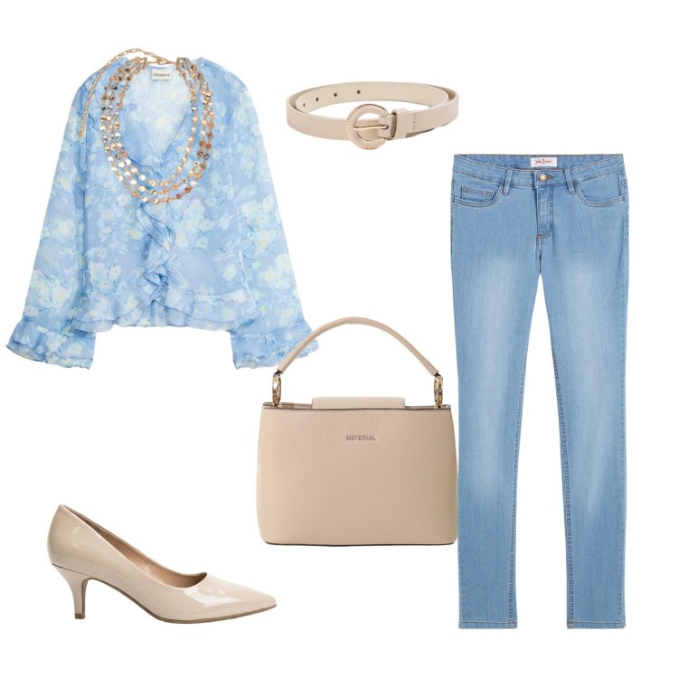 Outfit donna - Total look #2386023. Stile Casual chic per Tutti i giorni. Abbinamento con jeans skinny, bluse, décolleté, cinture, borse a secchiello, collane.