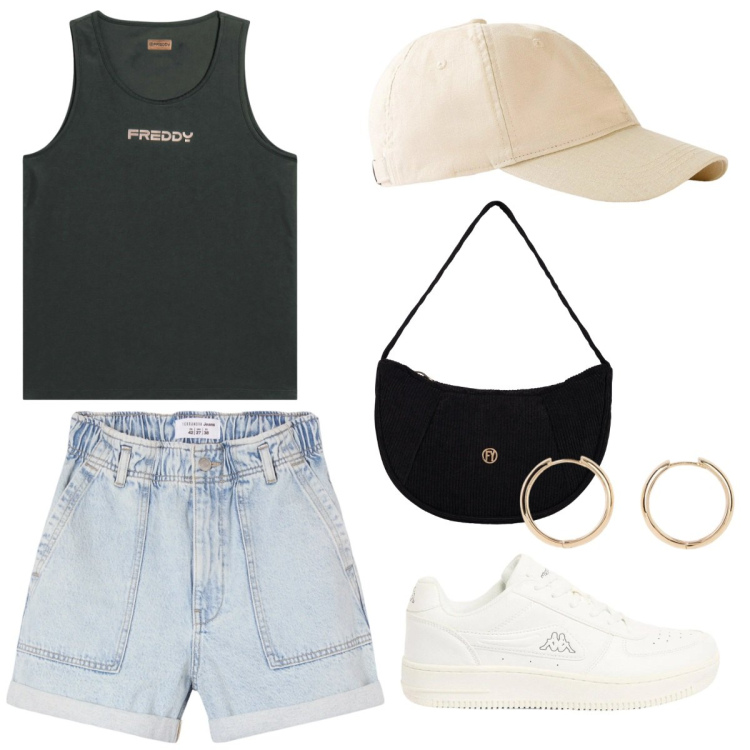 Outfit donna - Outfit fresco. Stile Basic per Tutti i giorni. Abbinamento con cappelli con visiera, orecchini, sneakers, shorts, borse a mano, top.