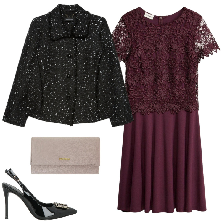Outfit donna - Per una cerimonia. Stile Glamour per Cerimonia. Abbinamento con décolleté, vestiti midi/longuette, blazer, portafogli.