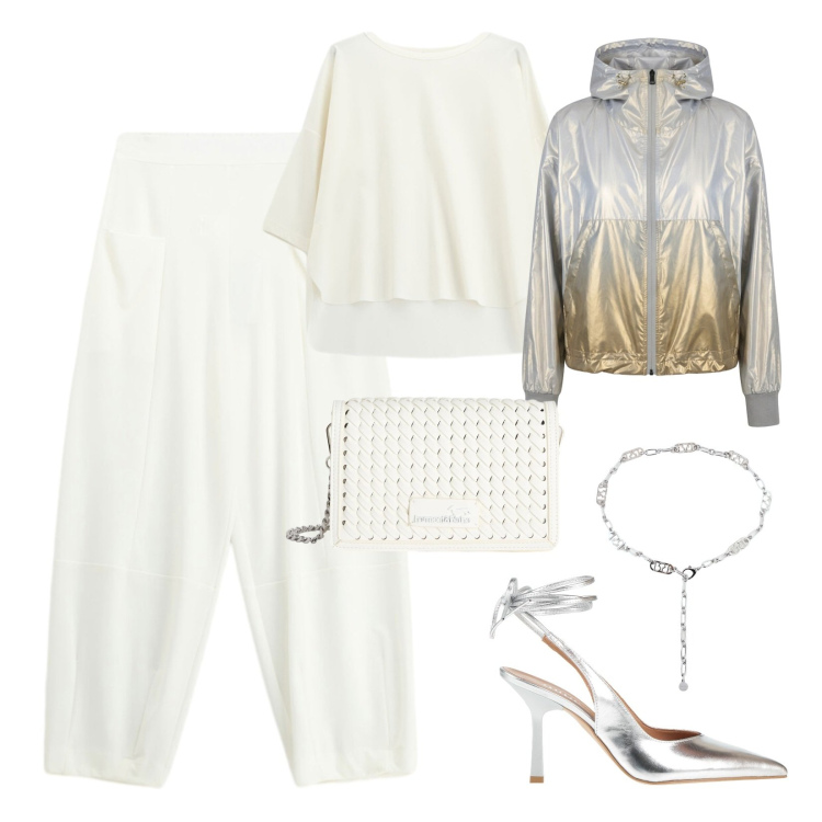 Outfit donna - Texture diverse. Stile Sporty chic per Serata fuori. Abbinamento con décolleté, bluse, pantaloni a palazzo, cinture, borse a tracolla, bomber.