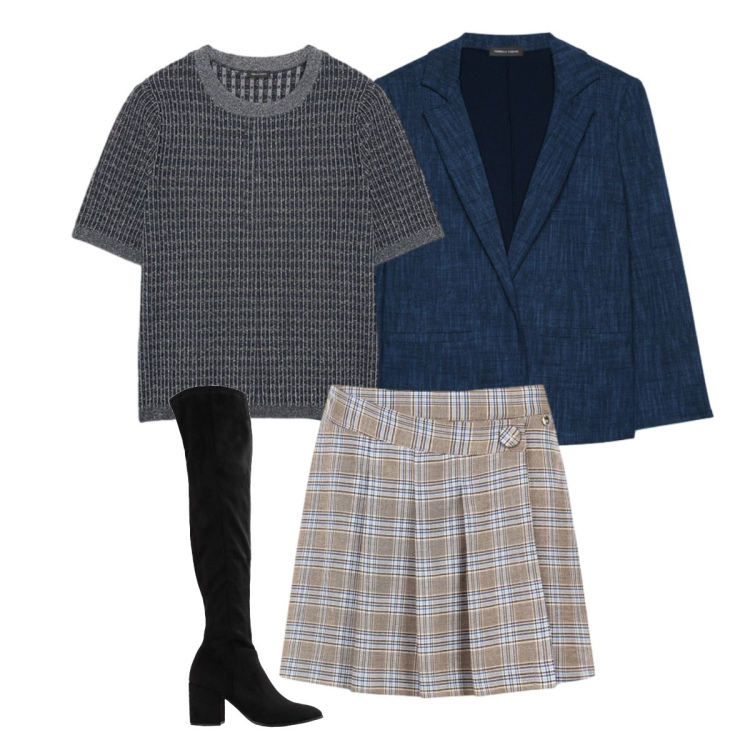 Outfit donna - A scuola. Stile Preppy per Scuola/Università. Abbinamento con stivali sopra il ginocchio, gonne, blazer, maglieria.