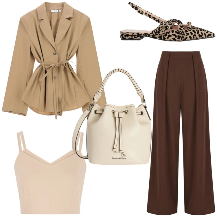 Outfit donna - Tendenza animalier. Stile Glamour per Tutti i giorni. Abbinamento con ballerine, pantaloni a palazzo, top, blazer, borse a secchiello.