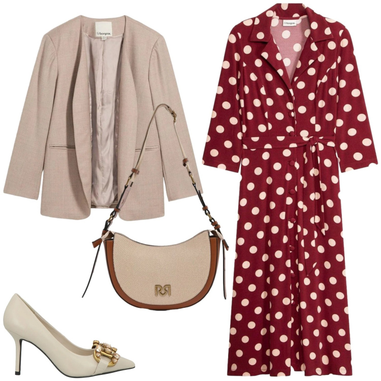 Outfit donna - Un outfit di primavera. Stile Casual chic per Tutti i giorni. Abbinamento con décolleté, blazer, vestiti chemisier, borse a tracolla.