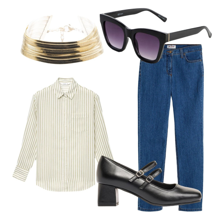 Outfit donna - In città. Stile Basic per Tutti i giorni. Abbinamento con jeans dritti, occhiali da sole, décolleté, camicie, braccialetti.