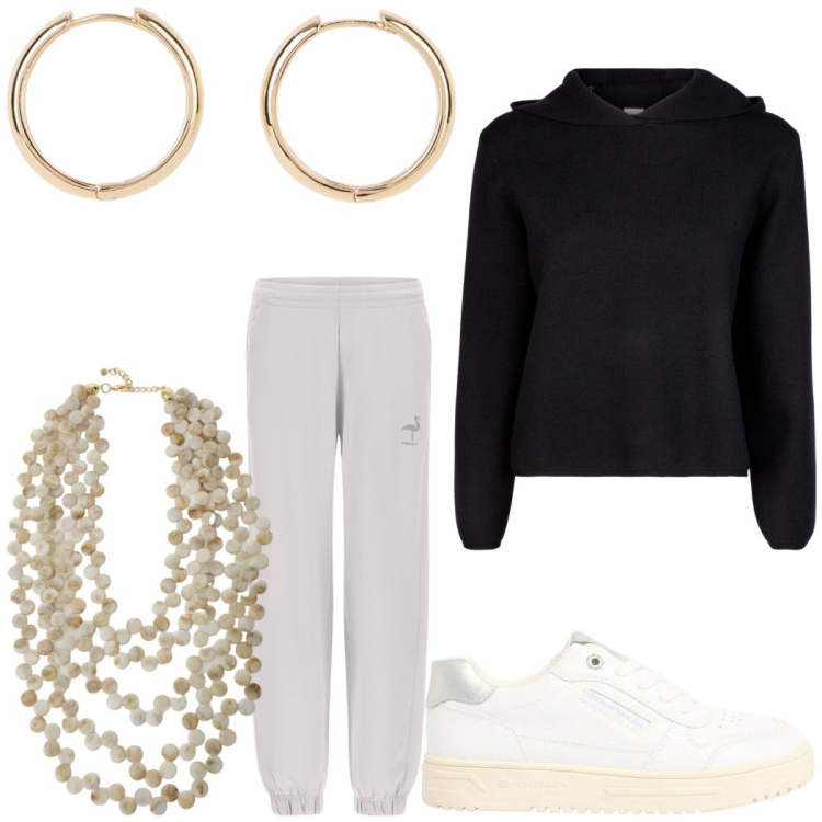 Outfit donna - Look invernale. Stile Casual per Tutti i giorni. Abbinamento con orecchini, sneakers, collane, pantaloni, maglieria.