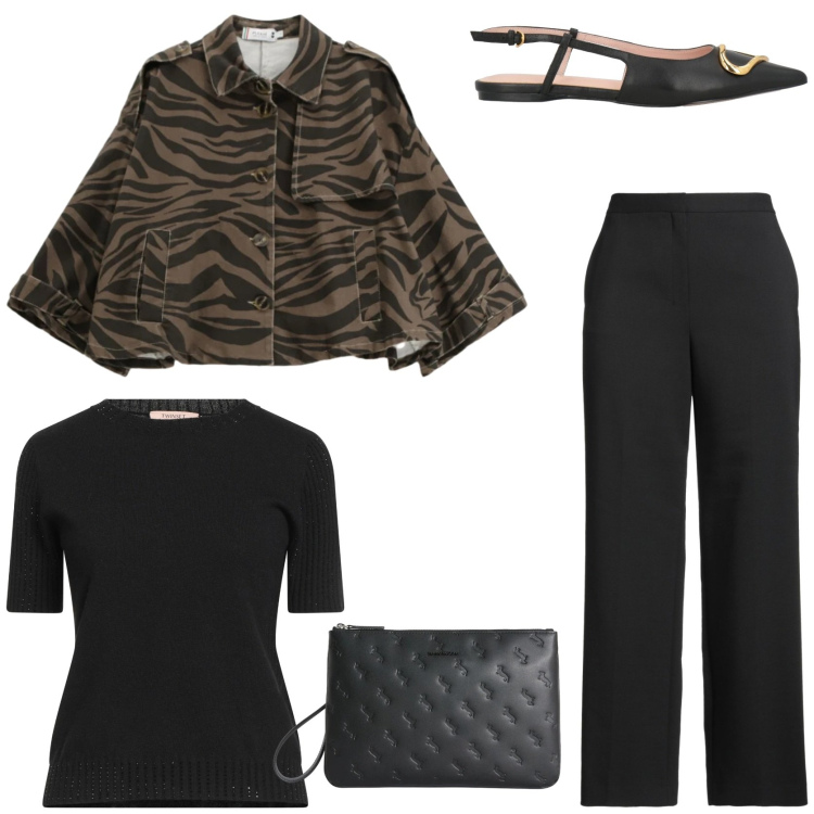 Outfit donna - Passione animalier. Stile Chic per Tutti i giorni. Abbinamento con pullovers, pantaloni, ballerine, blazer, anelli.