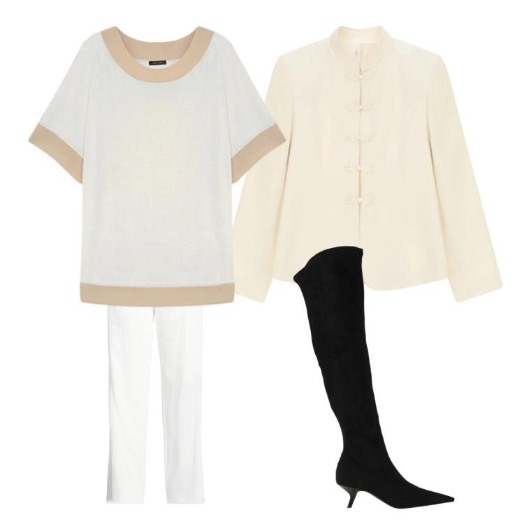 Outfit donna - Nuance chiare in ufficio. Stile Minimal per Ufficio. Abbinamento con pantaloni, stivali, blazer, t-shirt.