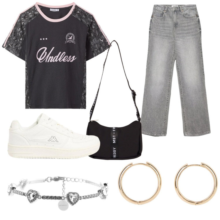 Outfit donna - Perfetto per uscire. Stile Basic per Tutti i giorni. Abbinamento con orecchini, sneakers, jeans dritti, t-shirt, borse a tracolla, braccialetti.