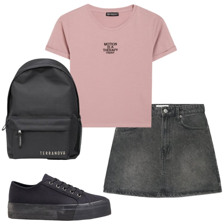 Outfit donna - Total look #2386042. Stile Casual per Scuola/Università. Abbinamento con sneakers, zaini, minigonne, t-shirt.
