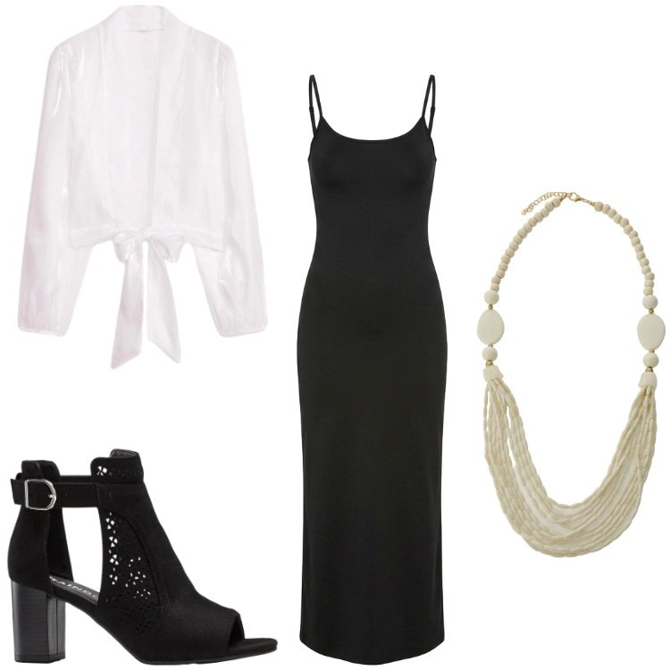 Outfit donna - Black and white. Stile Etnico per Serata fuori. Abbinamento con bolero, sandali col tacco, vestiti lunghi, collane.
