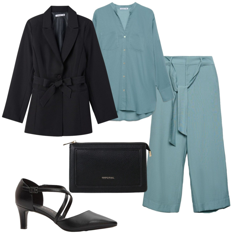 Outfit donna - Total look #2386053. Stile Chic per Serata fuori. Abbinamento con décolleté, camicie, blazer, pantaloni a palazzo, borse a tracolla.