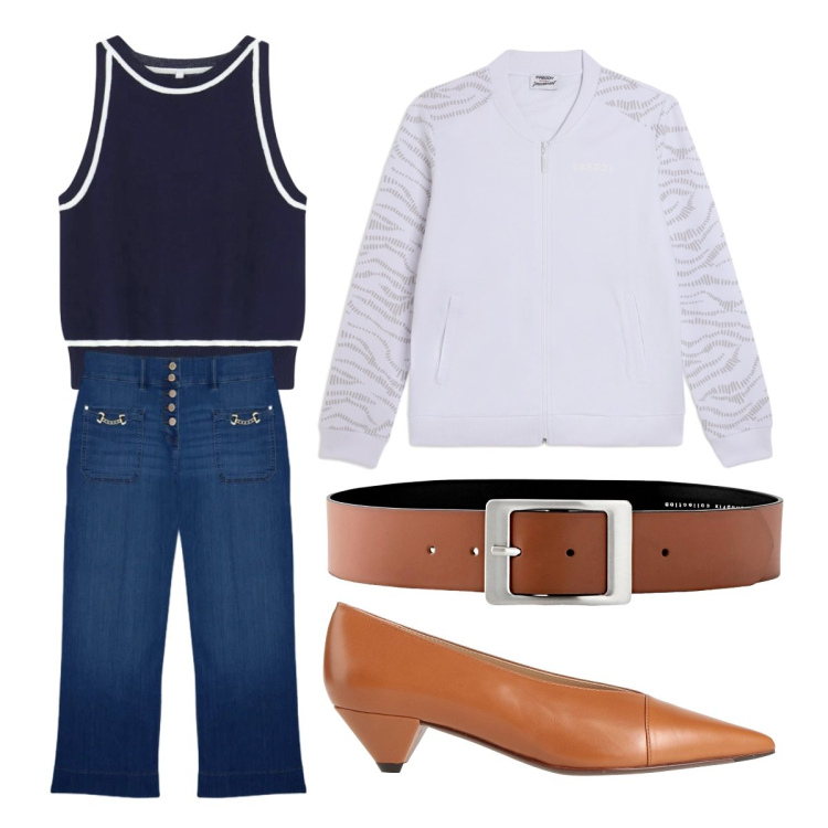 Outfit donna - Primavera fresca. Stile Casual per Ufficio. Abbinamento con décolleté, cinture, top, jeans, bomber.