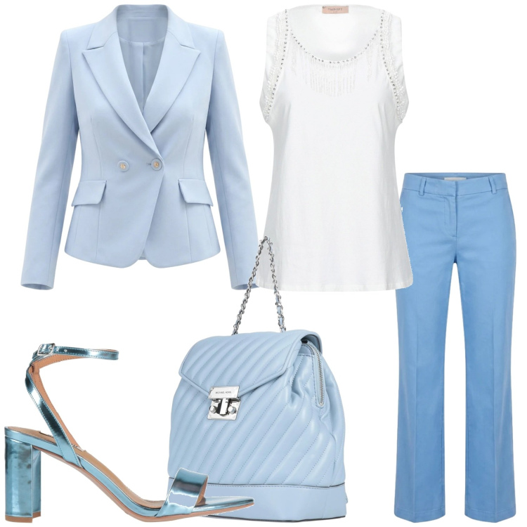 Outfit donna - Guarda che look. Stile Glamour per Tutti i giorni. Abbinamento con sandali in pelle, top, zaini, blazer, pantaloni.