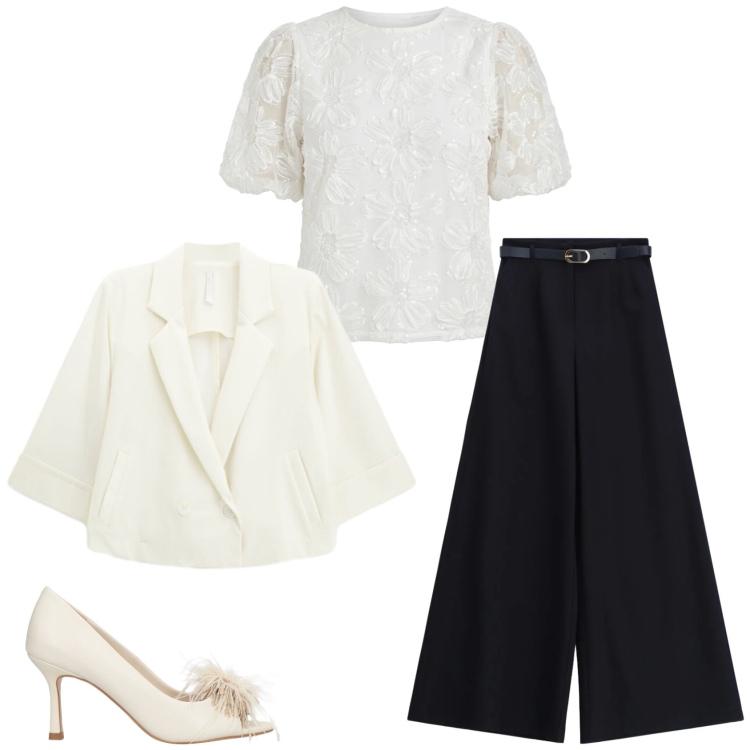Outfit donna - Un completo da cerimonia. Stile Glamour per Cerimonia. Abbinamento con décolleté, pantaloni a palazzo, blazer, bluse.