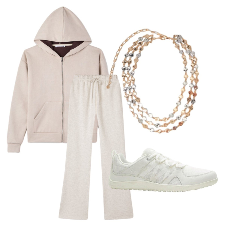 Outfit donna - Primavera sporty chic. Stile Sporty chic per Sport. Abbinamento con sneakers, felpe con cappuccio, pantaloni, collane.