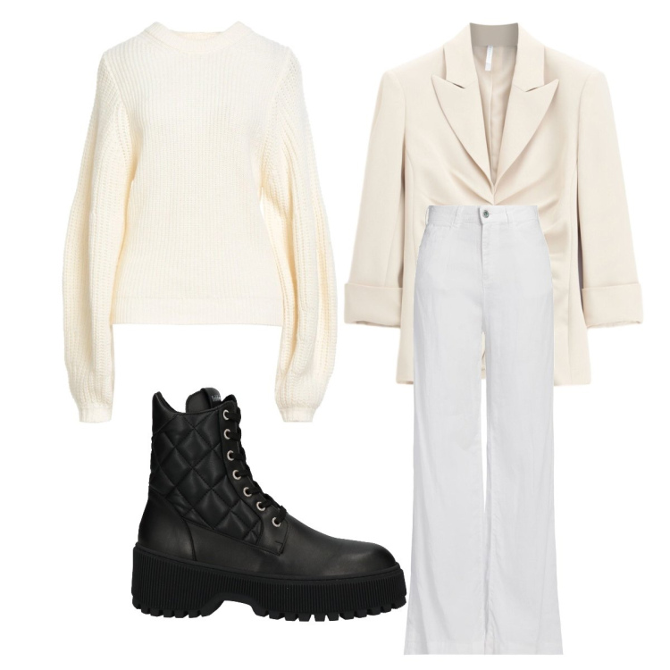 Outfit donna - Casual chic. Stile Casual chic per Ufficio. Abbinamento con jeans, anfibi, pullovers, blazer.