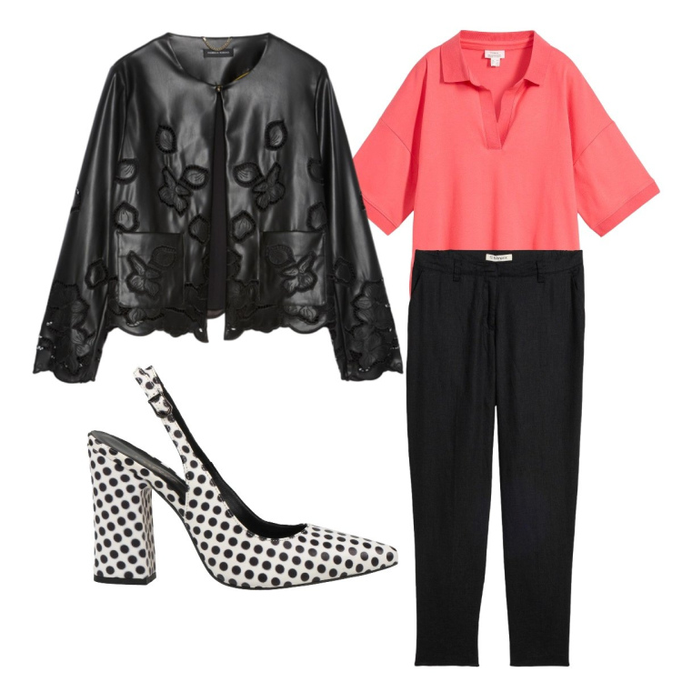 Outfit donna - Curvy style. Stile Trendy per Serata fuori. Abbinamento con décolleté, polo, pantaloni, blazer.
