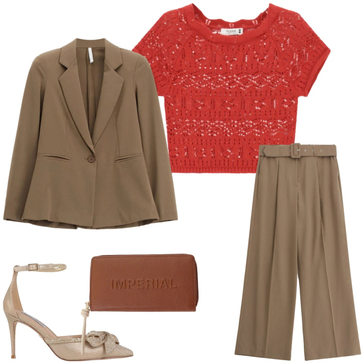 Outfit donna - Un completo di primavera. Stile Glamour per Serata fuori. Abbinamento con décolleté, top, pantaloni a palazzo, blazer, portafogli.