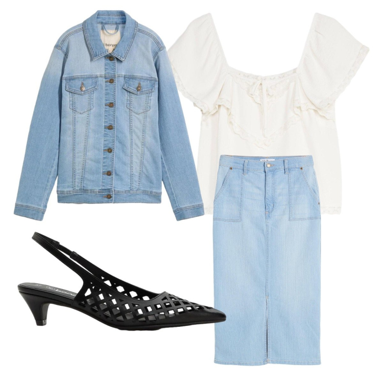 Outfit donna - Gonna in jeans. Stile Basic per Scuola/Università. Abbinamento con gonne, décolleté, cappotti, canottiere.