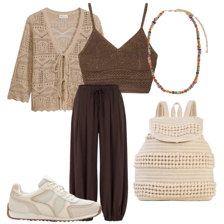 Outfit donna - Sporty chic ad aprile. Stile Sporty chic per Tutti i giorni. Abbinamento con cardigans, sneakers alte, zaini, pantaloni, top, collane.
