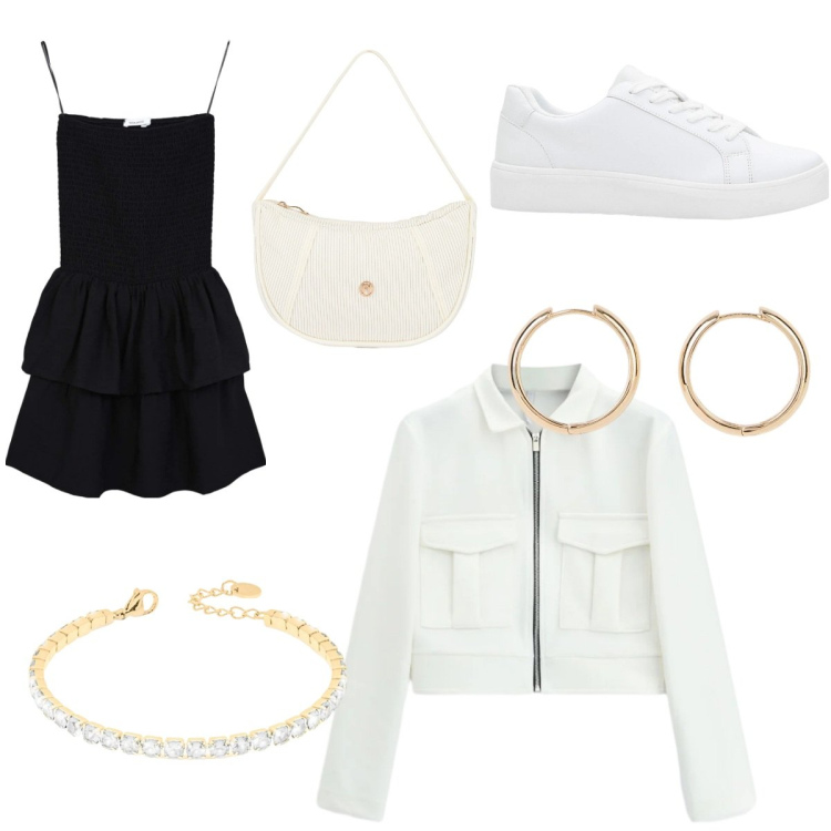 Outfit donna - Total look #2386079. Stile Casual chic per Serata fuori. Abbinamento con sneakers, orecchini, vestiti corti, cappotti, braccialetti, borse a mano.