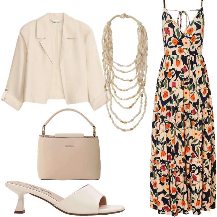 Outfit donna - MAGGIO: beige& orange. Stile Romantica per Serata fuori. Abbinamento con vestiti lunghi, blazer, ciabatte, borse a secchiello, collane.