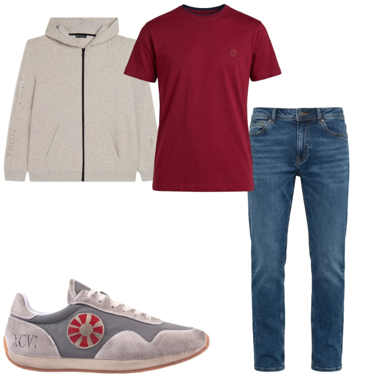 Outfit uomo - Total look casual. Stile Casual per Tutti i giorni. Abbinamento con jeans, t-shirt, felpe con cappuccio, sneakers.