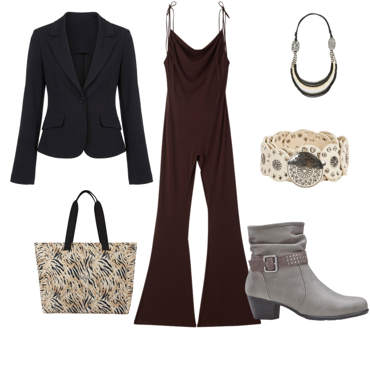 Outfit donna - Unico look per un weekend. Stile Rock per Tutti i giorni. Abbinamento con stivaletti, cinture, tute, blazer, collane, shopping bag.