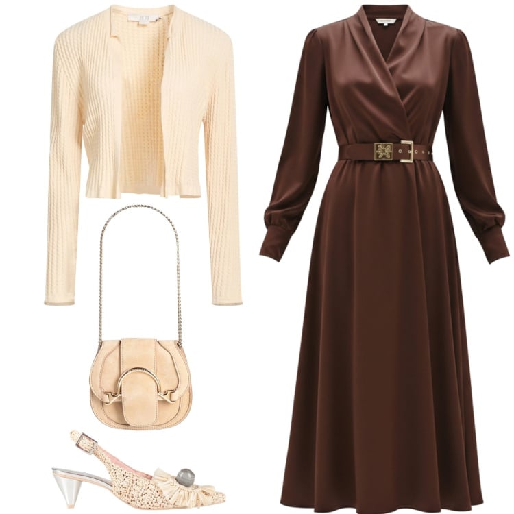 Outfit donna - Panna e cioccolato. Stile Casual chic per Serata fuori. Abbinamento con marsupi, décolleté, cardigans, vestiti midi/longuette.