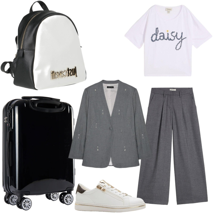 Outfit donna - Un weekend fuori citta\'.. Stile Bon Ton per Serata fuori. Abbinamento con zaini, pantaloni, sneakers, t-shirt, blazer, valigie.