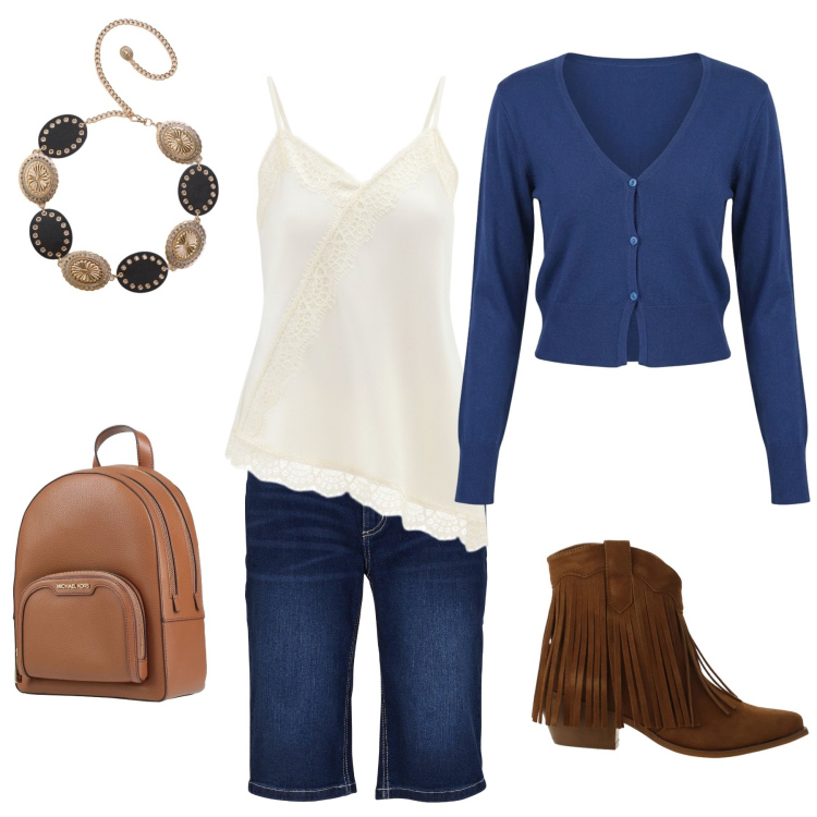 Outfit donna - Easy weekend. Stile Casual per Tutti i giorni. Abbinamento con zaini, bermuda, cinture, stivaletti texani, cardigans, canottiere.