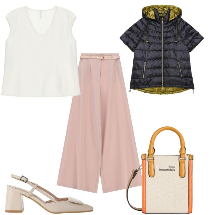 Outfit donna - Total look #2386094. Stile Trendy per Tutti i giorni. Abbinamento con top, pantaloni a palazzo, décolleté, piumini, borse tote.