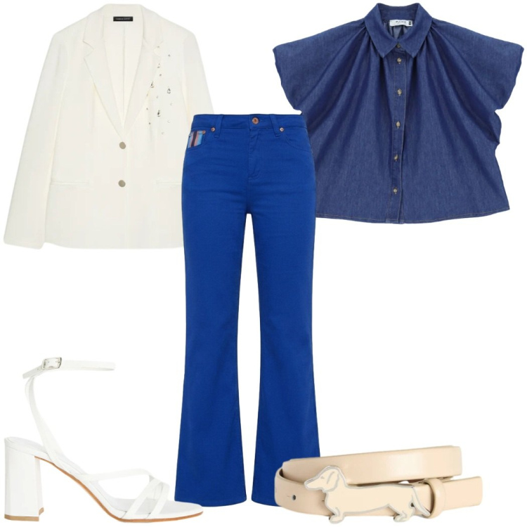Outfit donna - Total look #2386095. Stile Trendy per Cerimonia. Abbinamento con blazer, camicie a manica corta, sandali in pelle, cinture, pantaloni.