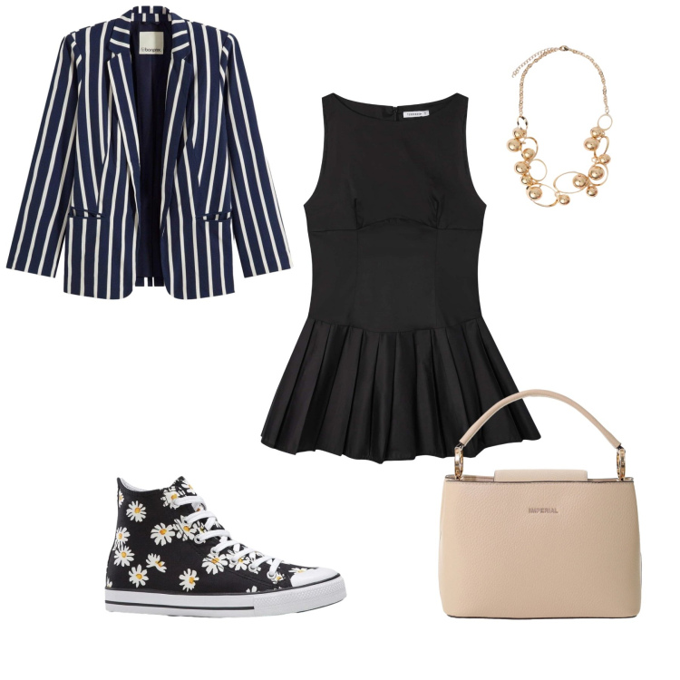 Outfit donna - Chic Style. Stile Sporty chic per Tutti i giorni. Abbinamento con blazer, sneakers, vestiti senza maniche, borse a secchiello, collane.
