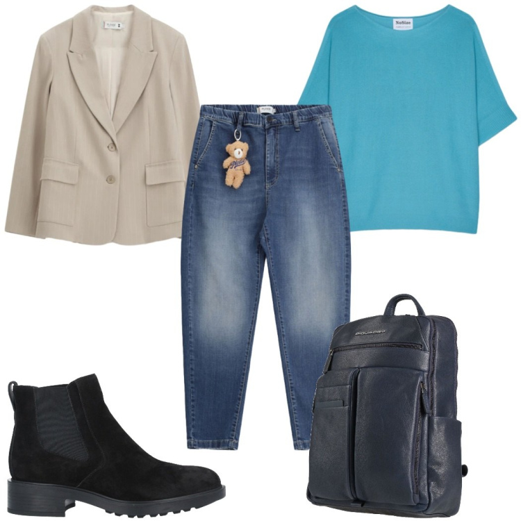 Outfit donna - Total look #2386101. Stile Trendy per Tutti i giorni. Abbinamento con stivaletti chelsea, zaini, t-shirt, jeans, blazer.