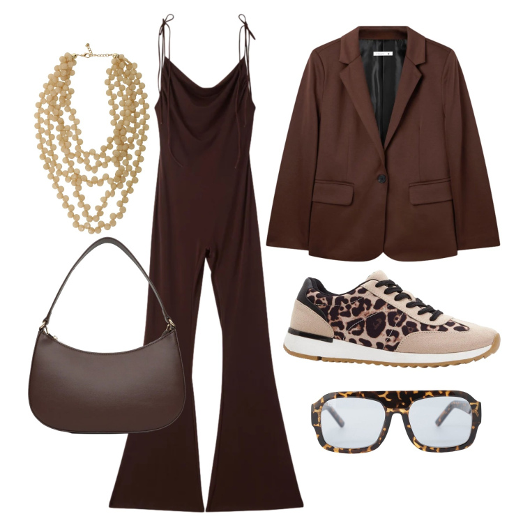 Outfit donna - Aprile. Stile Glamour per Tutti i giorni. Abbinamento con sneakers, tute, blazer, borse a tracolla, collane, occhiali da sole.