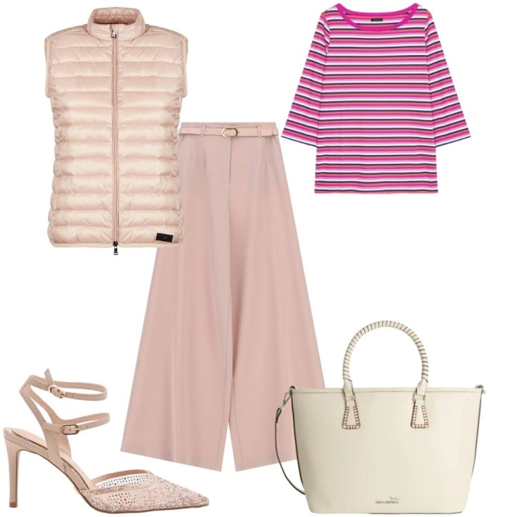Outfit donna - Total look #2386109. Stile Trendy per Tutti i giorni. Abbinamento con shopping bag, pantaloni a palazzo, décolleté, t-shirt, piumini.