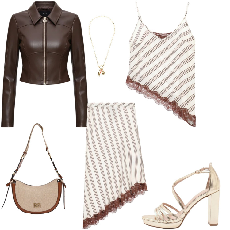 Outfit donna - Contrasti di Pelle e Pizzo. Stile Casual chic per Tutti i giorni. Abbinamento con top, gonne longuette, giacche, borse a tracolla, sandali col tacco, ciondoli.