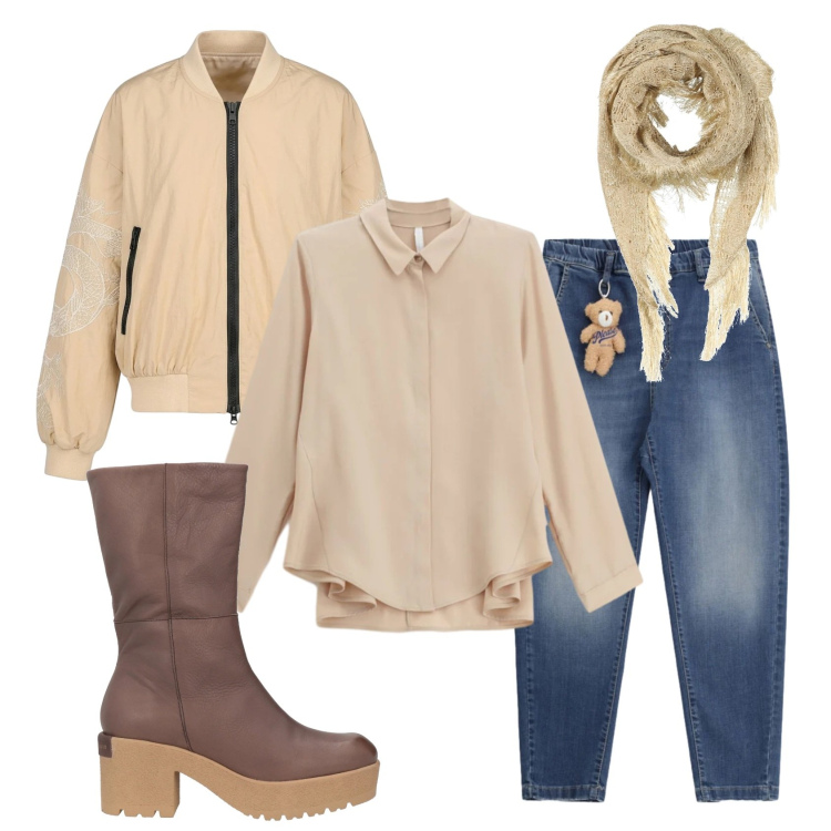 Outfit donna - Total look #2386112. Stile Casual per Tutti i giorni. Abbinamento con stole, stivaletti, jeans, camicie, bomber.