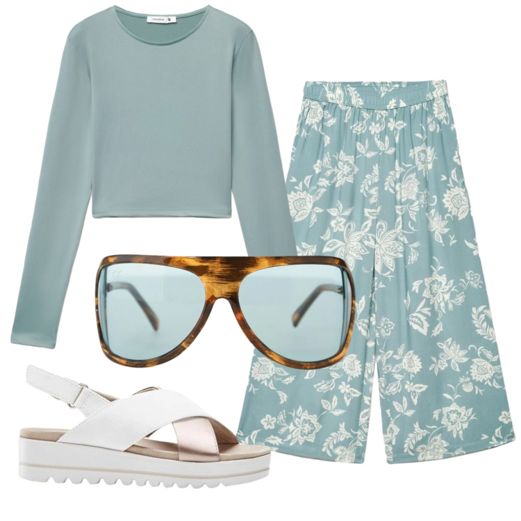 Outfit donna - Total look #2386114. Stile Romantica per Tutti i giorni. Abbinamento con sandali, t-shirt, pantaloni a palazzo, occhiali da sole.
