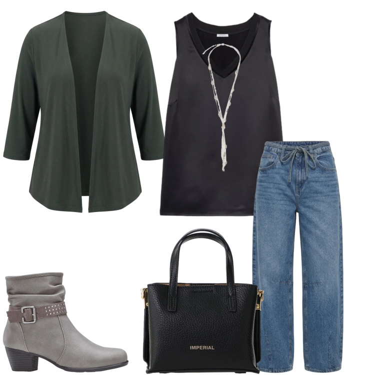 Outfit donna - Casual con un Tocco di Seta. Stile Casual chic per Tutti i giorni. Abbinamento con stivaletti, jeans, top, collane, blazer, borse a tracolla.