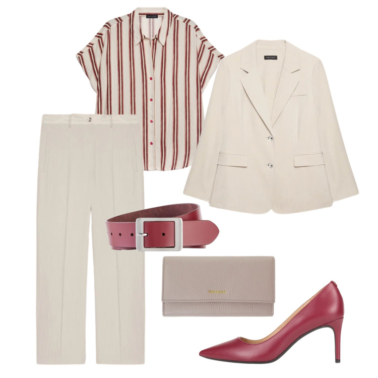 Outfit donna - Gessato leggero. Stile Glamour per Ufficio. Abbinamento con décolleté, cinture, pantaloni, blazer, camicie a manica corta, portafogli.