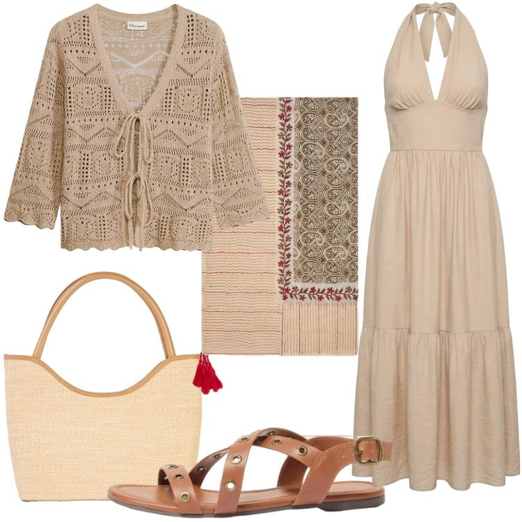 Outfit donna - Un abito per aprile - Focus Donna Curvy. Stile Etnico per Tutti i giorni. Abbinamento con sandali, shopping bag, cardigans, vestiti lunghi, sciarpe.