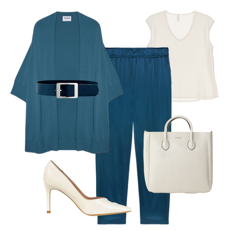 Outfit donna - Soft elegance. Stile Chic per Serata fuori. Abbinamento con cinture, canottiere, borse a tracolla, cardigans, décolleté, pantaloni.