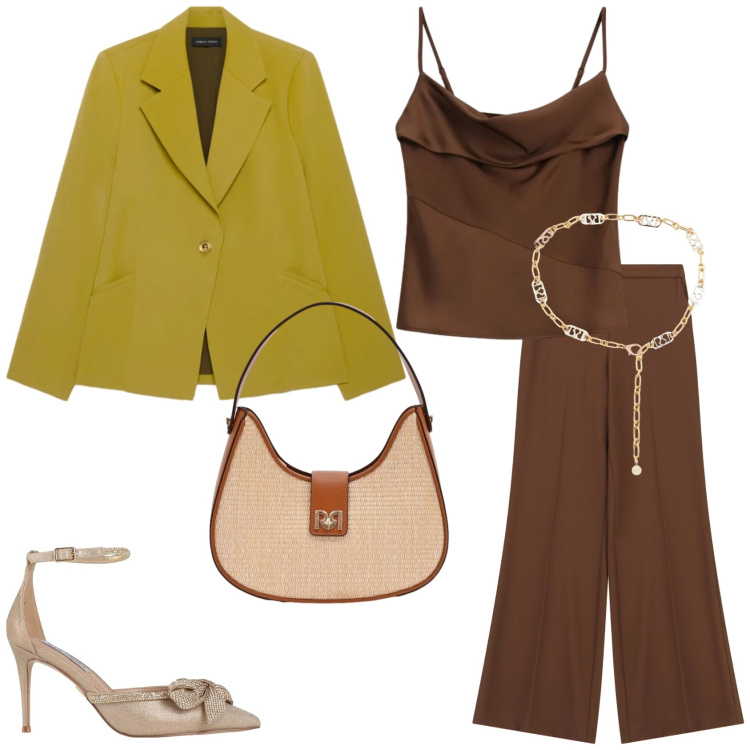Outfit donna - Un completo per la primavera. Stile Trendy per Serata fuori. Abbinamento con décolleté, blazer, pantaloni a palazzo, canottiere, borse a spalla, cinture.