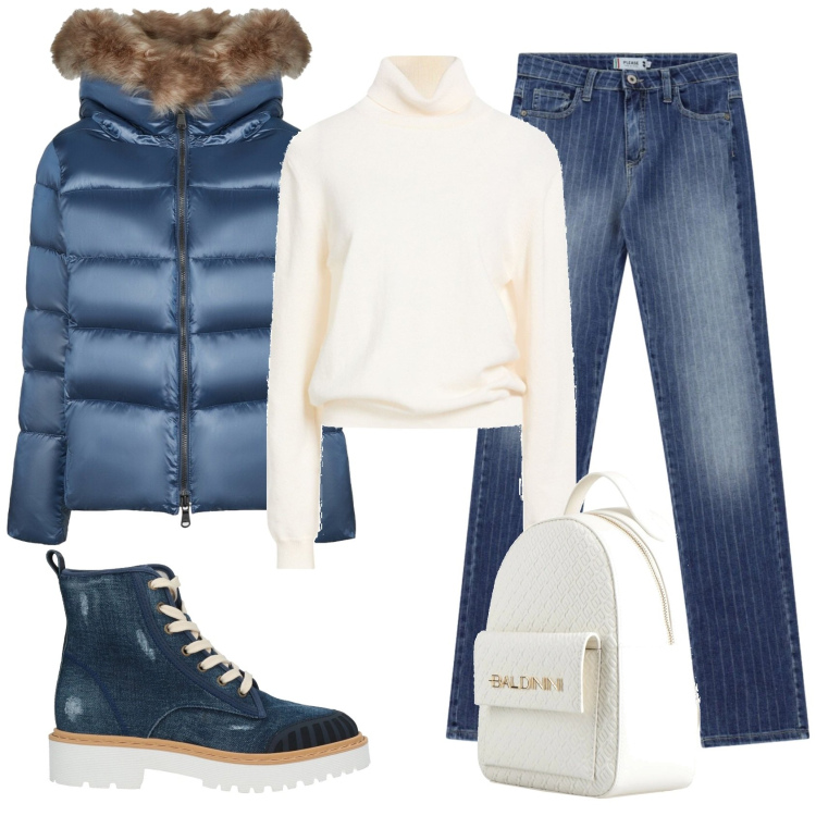 Outfit donna - Total look #2386120. Stile Casual chic per Ufficio. Abbinamento con stivaletti, maglieria, zaini, jeans, piumini.